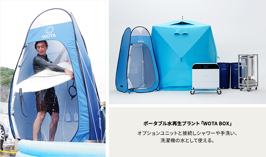 ポータブル水再生プラント「WOTA BOX」 オプションユニットと接続しシャワーや手洗い、洗濯機の水として使える。