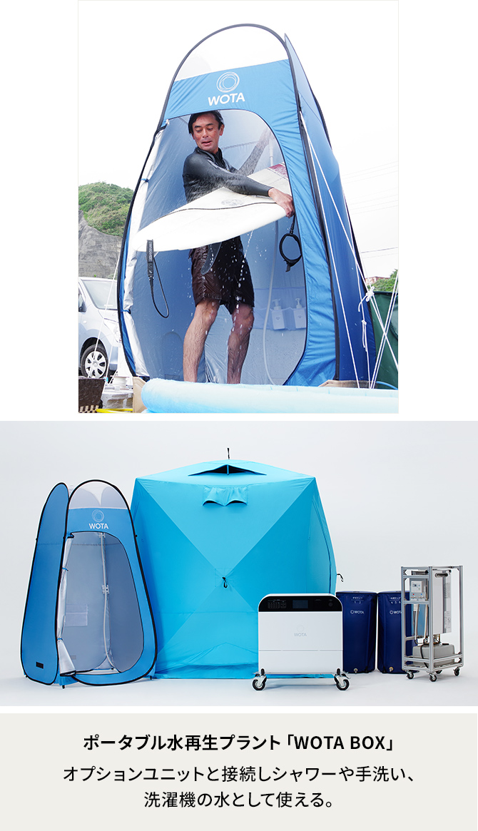 ポータブル水再生プラント「WOTA BOX」 オプションユニットと接続しシャワーや手洗い、洗濯機の水として使える。
