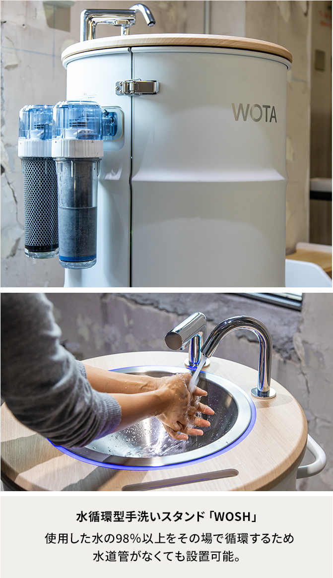 水循環型手洗いスタンド「WOSH」 使用した水の98%以上をその場で循環するため水道管がなくても設置可能。