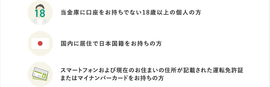 当金庫に口座をお持ちでない18歳以上の個人の方 国内に居住で日本国籍をお持ちの方 スマートフォンおよび現在のお住まいの住所が記載された運転免許証またはマイナンバーカードをお持ちの方