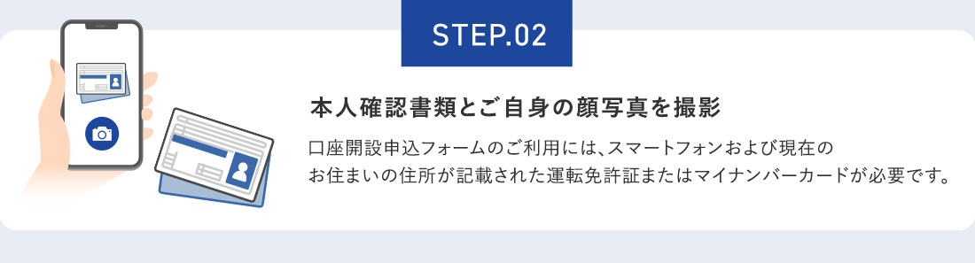 STEP.02 本人確認書類とご自身の顔写真を撮影 口座開設申込フォームのご利用には、スマートフォンおよび現在のお住まいの住所が記載された運転免許証またはマイナンバーカードが必要です。