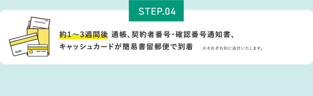 STEP.04 約2週間後 当金庫より、通帳、契約者番号・確認番号通知書等をご送付。到着後からお預け入れが可能になります ※それぞれ別に送付いたします。