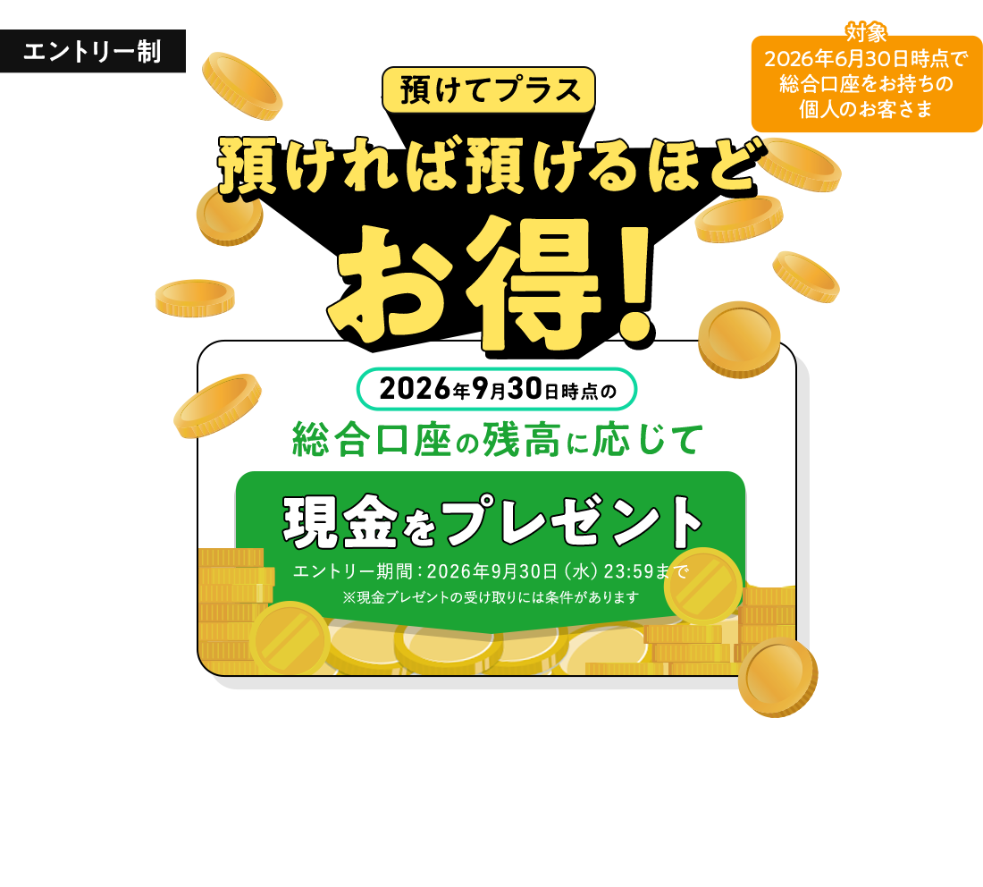 エントリー制 預けてプラス 預ければ預けるほどお得！2026年9月30日時点の総合口座の残高に応じて現金をプレゼント。エントリー期間：2026年9月30日（水）23：59まで。2026年6月30日時点で総合口座をお持ちの個人のお客さまが対象。※現金プレゼントの受け取りにはエントリーが必要になります
