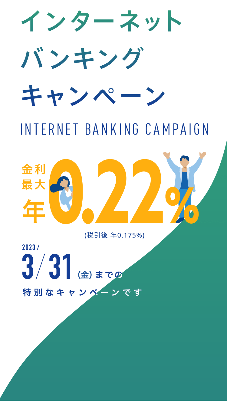 インターネットバンキングキャンペーン 金利最大年0.22%（税引後 年0.175%）2023/3/31(金)までの特別なキャンペーンです